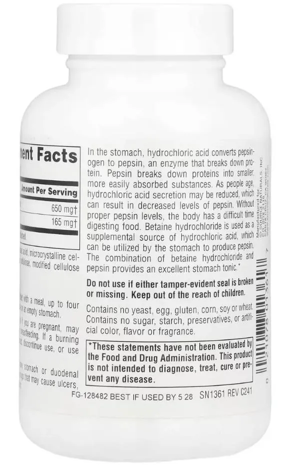 Бетаїн Source Naturals Betaine HCI 650 мг, 90 таблеток