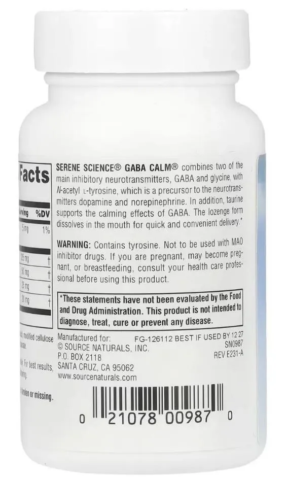 ГАМК (гамма-аміномасляна кислота) Source Naturals Serene Science Gaba Calm зі смаком апельсина, 60 таблеток