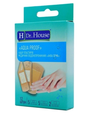 Набор пластырей медицинских Dr. House Aqua Proof водонепроницаемых, 12 штук