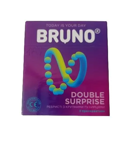 Презервативи Bruno Double Surprise ребристі з крупними пухирцями, 3 штуки