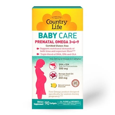 Витамины Country Life Prenatal Omega 3-6-9, для беременных, 90 мягких капсул