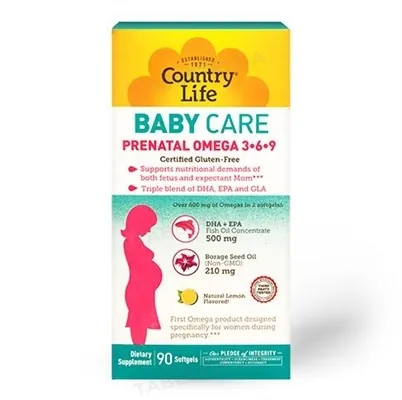 Вітаміни Country Life Prenatal Omega 3-6-9, для вагітних, 90 м'яких капсул
