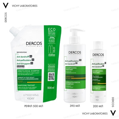 Шампунь Vichy Dercos усиленного действия против перхоти для сухих волос и раздраженной кожи головы, сменный блок, 500 мл