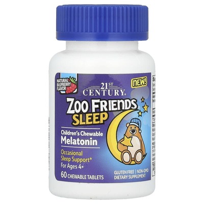 Мелатонін 21st Century Zoo Friends Sleep Melatonin для дітей від 4 років зі смаком малини, 60 жувальних таблеток