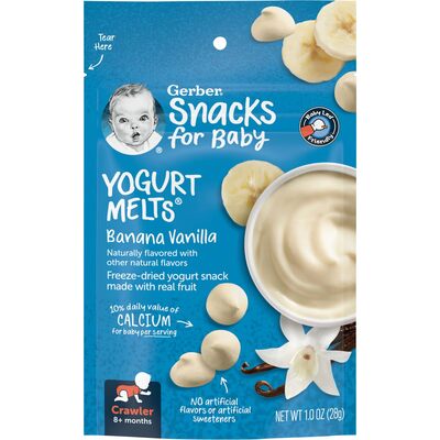 Снеки Gerber Yogurt melts из сублимированного йогурта с ванилью и бананом для детей с 8 месяцев, 28 г