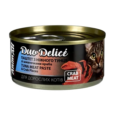 Корм вологий для дорослих котів AnimAll Duo Delice паштет з тунця зі шматочками краба, 80 г