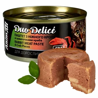 Корм вологий для дорослих котів AnimAll Duo Delice паштет з кроля зі шматочками краба, 80 г