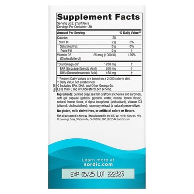 Омега-3+ D3 Nordic Naturals Ultimate Omega-D3 1280 мг/1000 МО, 60 капсул