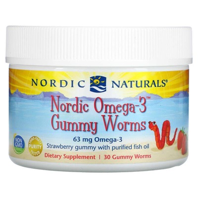 Омега-3 Nordic Naturals Omega-3 Gummy Worms для детей 63 мг, клубника, 30 жевательных пастилок
