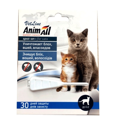 Капли на холку AnimAll VetLine Spot-On от паразитов для кошек и котят весом до 4 кг, 0,5 мл