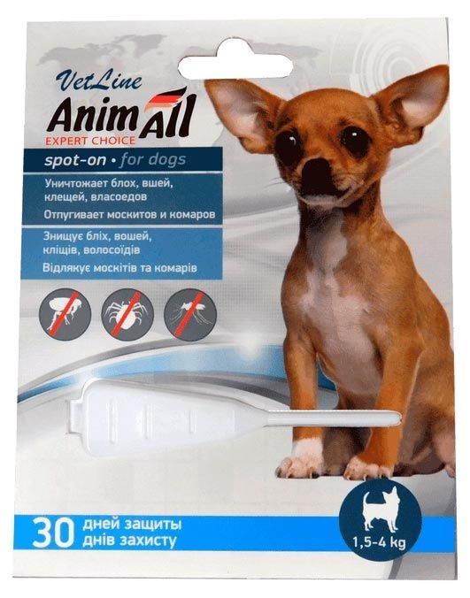 Капли на холку AnimAll VetLine Spot-On от паразитов для собак весом от 1,5 до 4 кг, 0,8 мл