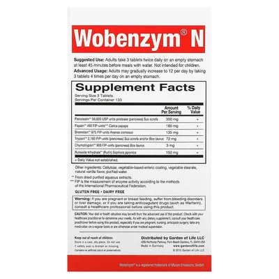 Вобензим Н Garden of Life Wobenzym N засіб для здоров’я суглобів, 400 таблеток