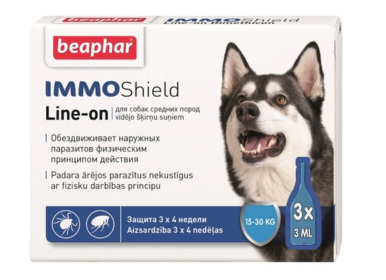 Капли на холку Beaphar IMMO Shield Line-on противопаразитарные с силиконовым маслом для собак средних пород от 15 до 30 кг, 1 пипетка