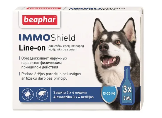 Краплі на холку Beaphar IMMO Shield Line-on протипаразитарні з силіконовою олією для собак середніх порід від 15 до 30 кг, 1 піпетка