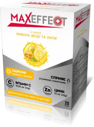 Максэффект (Maxeffect) с витамином С (1000 мг) и цинком порошок по 4 г со вкусом лимона, мёда и липы №20 в саше
