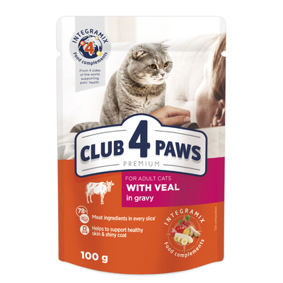 Корм влажный Club 4 Paws для взрослых кошек с Телятиной в соусе Премиум, 85 г