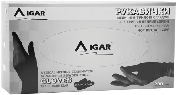 Рукавички оглядові IGAR нітрилові без пудри нестерильні, чорні, розмір М, 200 штук