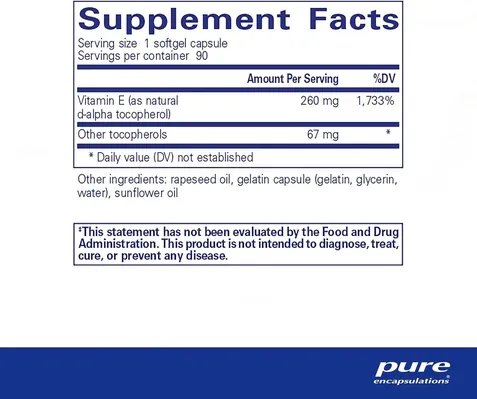 Вітамін Е Pure Encapsulations Vitamin E (with mixed tocopherols), 90 капсул