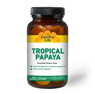 Натуральна добавка Country Life Tropical Papaya (тропічна папая), 200 жувальних пастилок