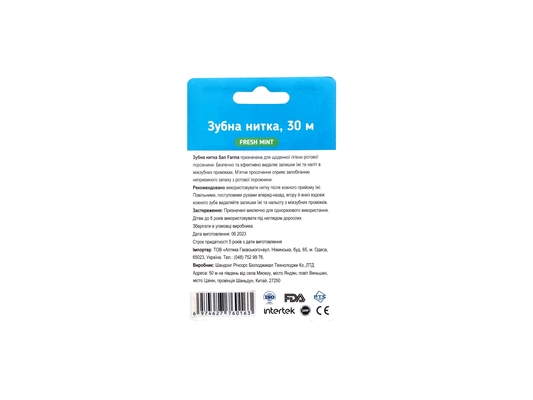 Зубна нитка San Farma Свіжість м'яти, 30 м