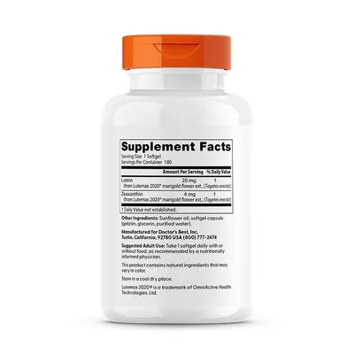 Лютеїн Doctor's Best Lutein with Lutemax 2020 20 мг, 180 гелевих капсул