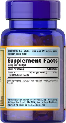 Вітамін Д3 Puritan's Pride Vitamin D3 2000 IU (50 мкг), 100 гелевих капсул