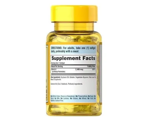 Вітамін А Puritan's Pride Vitamin A 8,000 IU (2,400 мкг), 100 гелевих капсул