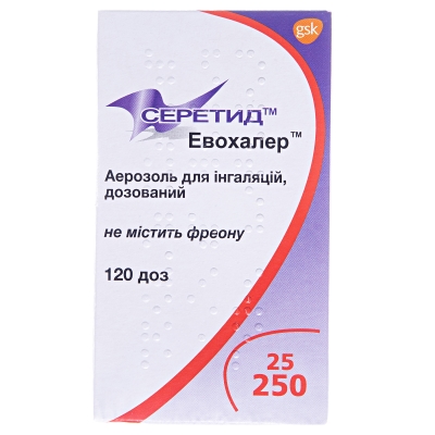 Серетид эвохалер аэрозоль д/инг., доз. 25 мкг/250 мкг по 120 доз в баллон.
