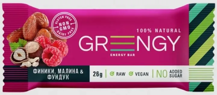 Батончик Greengy Energy Bar фініки, малина і фундук, 26 г