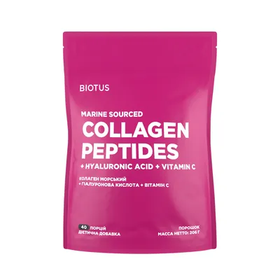 Морський колаген Biotus Marine Sourced Collagen Peptid+Hyaluronic Acid з гіалуроновою кислотою і вітаміном С порошок, 206 г дойпак