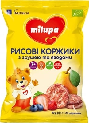 Коржики Milupa рисовые с грушей и ягодами для детей с 7 месяцев, 40 г