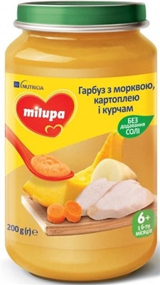 Пюре мясо-овощное Milupa Тыква с морковью, картофелем и цыпленком для детей с 6 месяцев, 200 г