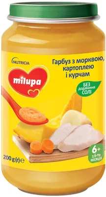 Пюре м'ясо-овочеве Milupa гарбуз з морквою, картоплею і курчам для дітей з 6 місяців, 200 г