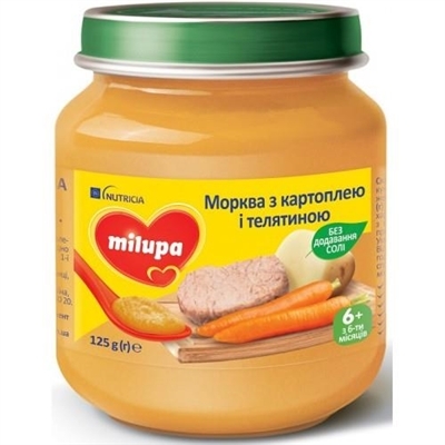 Пюре м'ясо-овочеве Milupa Морква з картоплею і телятиною для дітей з 6 місяців, 125 г
