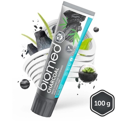 Зубна паста Biomed Charcoal потрійна система відбілювання та догляд, 100 г