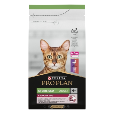 Корм сухой для стерилизованных кошек и кастрированных котов Purina Pro Plan Sterilised 1+ с уткой и печенью, 1,5 кг