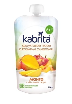 Пюре фруктовое Kabrita с козьими сливками, манго с яблочным пюре, 100 г