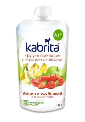 Пюре фруктове Kabrita с козячими вершками, банан з полуницею та яблучним пюре, 100 г