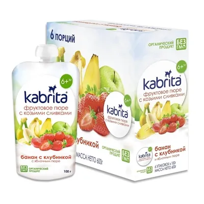 Пюре фруктове Kabrita с козячими вершками, банан з полуницею та яблучним пюре, 100 г