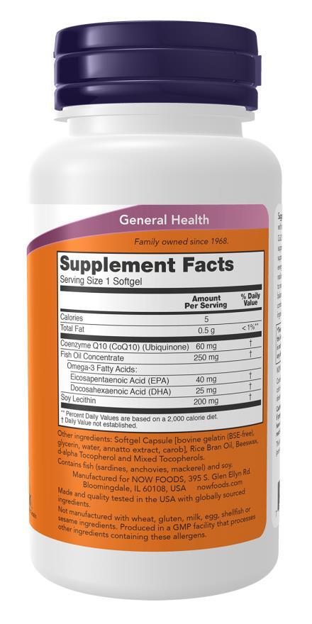 Коэнзим Q10 и рыбий жир NOW CoQ10 60 mg + Fish Oil мягкие капсулы №60