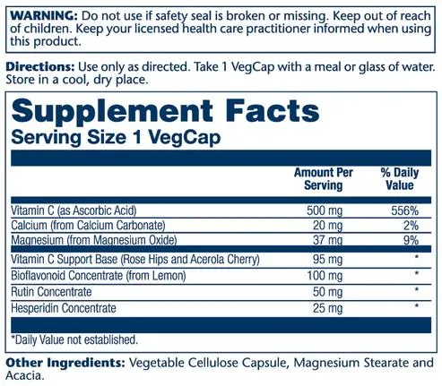 Вітамін С з біофлавоноїдами Solaray Vitamin C with Bioflavonoid Concentrate 500, 100 веганських капсул
