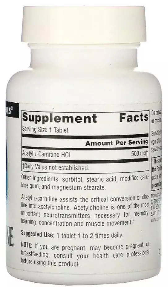 Ацетил L-Карнітин Source Naturals  Acetyl L-Carnitine 500 мг, 60 таблеток