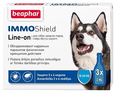 Капли на холку Beaphar IMMO Shield Line-on противопаразитарные с силиконовым маслом для собак средних пород от 15 до 30 кг, 3 пипетки