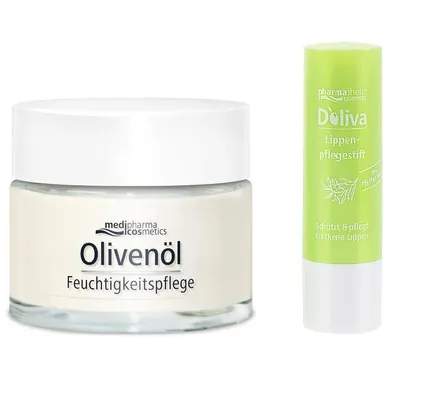 Набір Medipharma Cosmetics Olivenol (Doliva) Крем для обличчя зволожуючий з гіалуроновою кислотою 50 мл + Стік-бальзам для губ 4,8 г