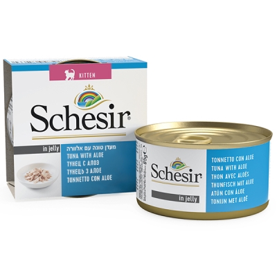 Консервы для котят Schesir Tuna Aloe Kitten натуральные, тунец с алоэ в желе, банка 85 г