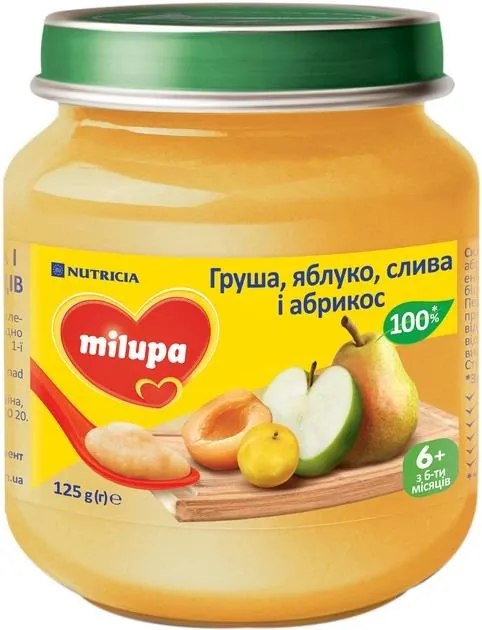 Пюре фруктове Milupa Груша, яблуко, слива і абрикос для дітей з 6 місяців, 125 г