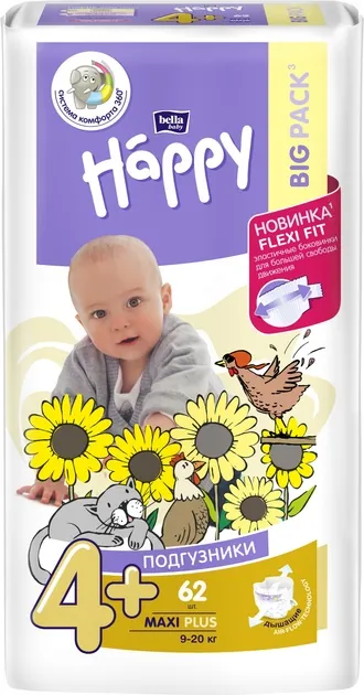 Підгузки Bella Baby Happy Maxi Plus, розмір 4+, 9-20 кг, 62 шт
