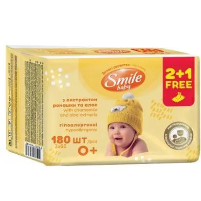 Серветки вологі Smile Baby 0+ дитячі з екстрактом ромашки та алое 2+1, 180 шт