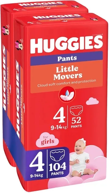 Підгузки-трусики Huggies Pants Little Movers для дівчаток розмір 4, 9-14 кг, 104 шт