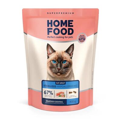 Корм сухой гипоаллергенный Home Food для взрослых стерилизованных/кастрированных кошек, Морской коктейль, 400 г